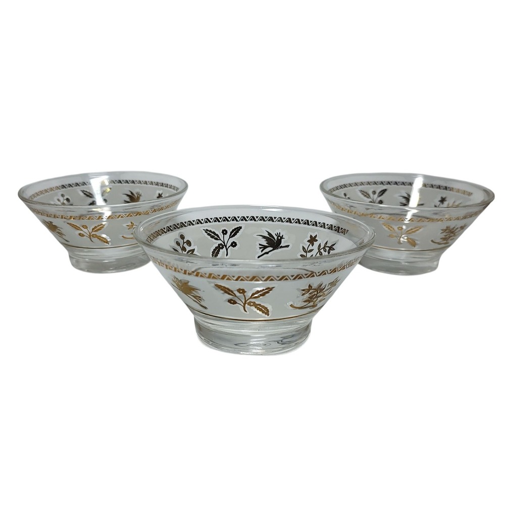 Frosted Gold Birds Berry‎ Berries Leaf Glass Snack Bowl Lot of Three Vintage SEE
